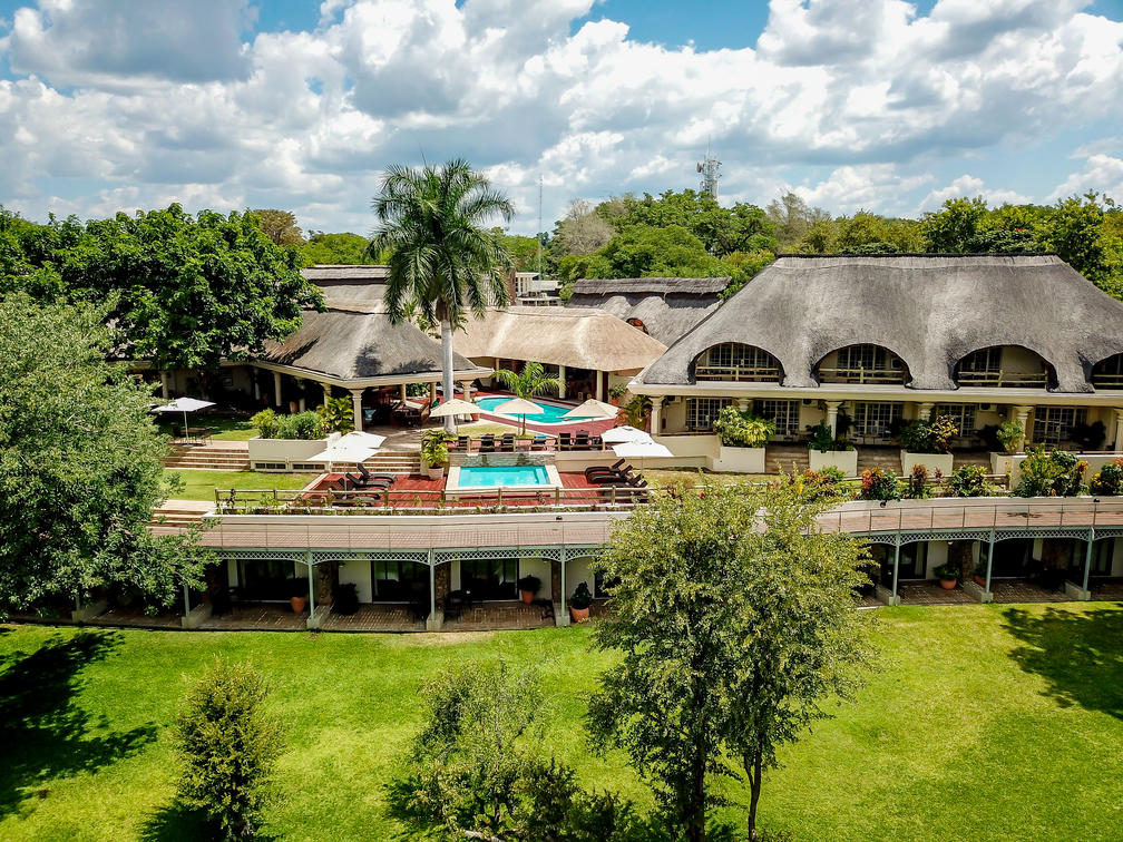 A panoramic view of the beautiful Ilala Lodge near Victoria Falls in Zimbabwe