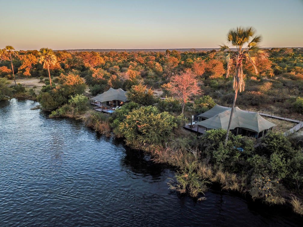 An aerial view of the magnificent Old Drift Lodge on the banks of the Zambezi River