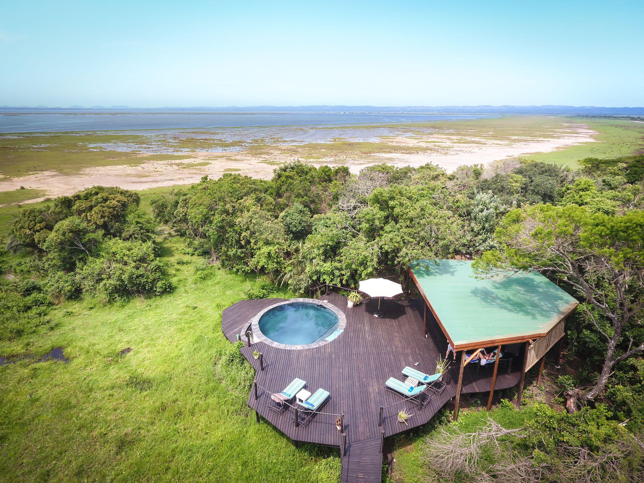 An aerial view of the unspoilt Makakatana Bay Lodge