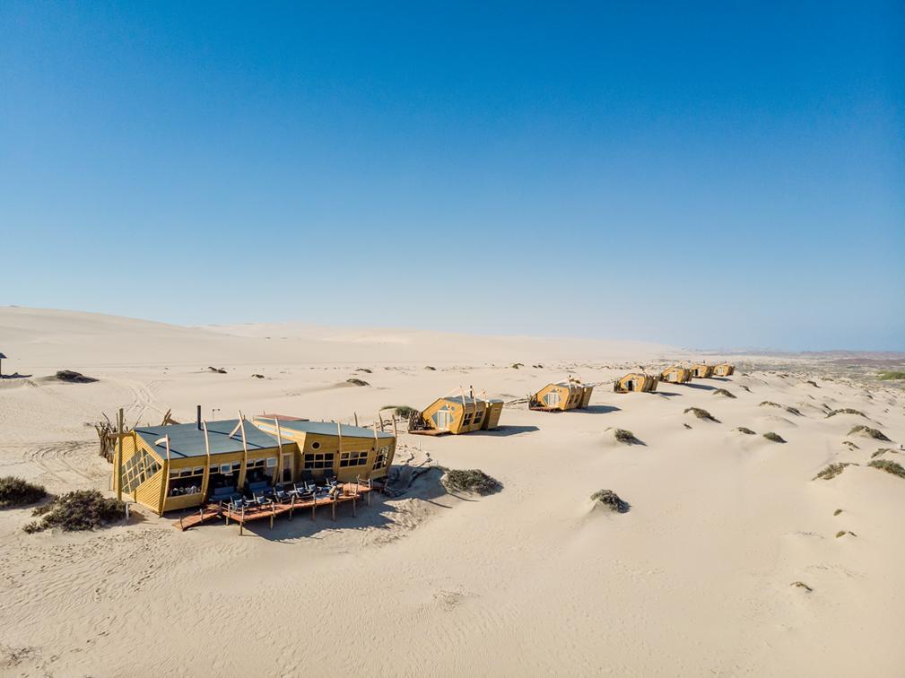 A panoramic view of the unique Shipwreck Lodge on the Skeleton Coast of Namibia